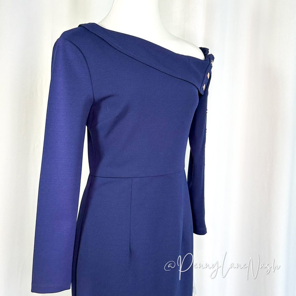 NWT Lumier by Bariano Asymmetric Gold Button Cocktail Dress Navy - Picture 8 of 12